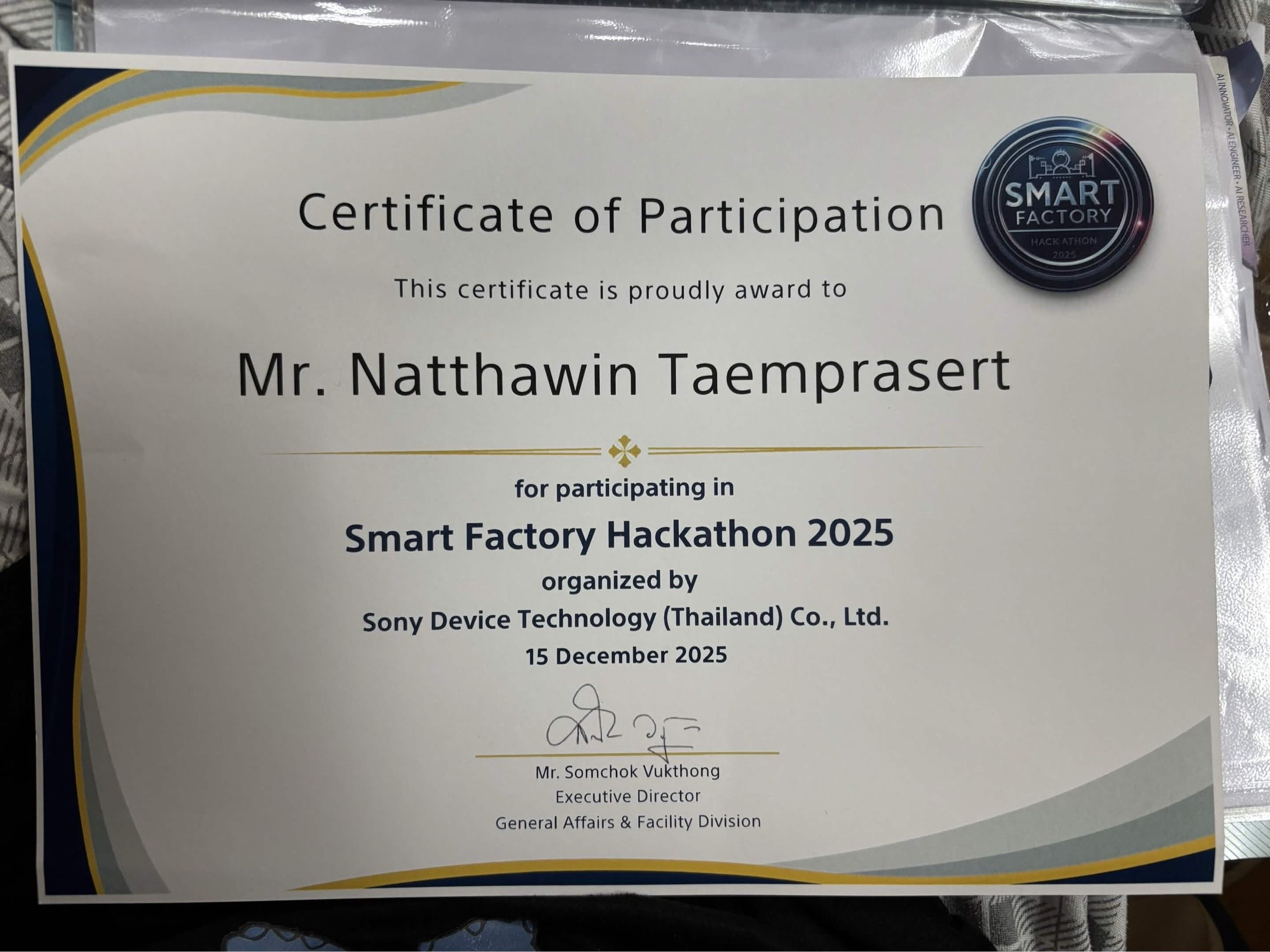 Smart Factory Hackathon certificate